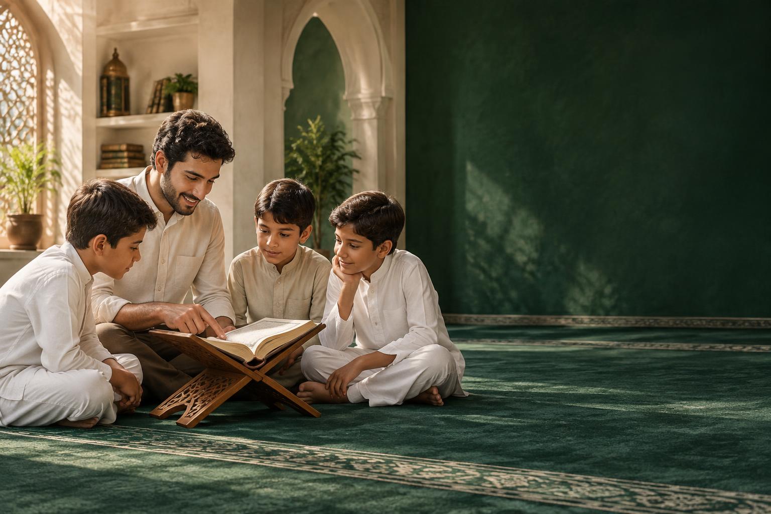 أطفال يتعلّمون القرآن مع معلمهم في بيئة تعليمية هادئة